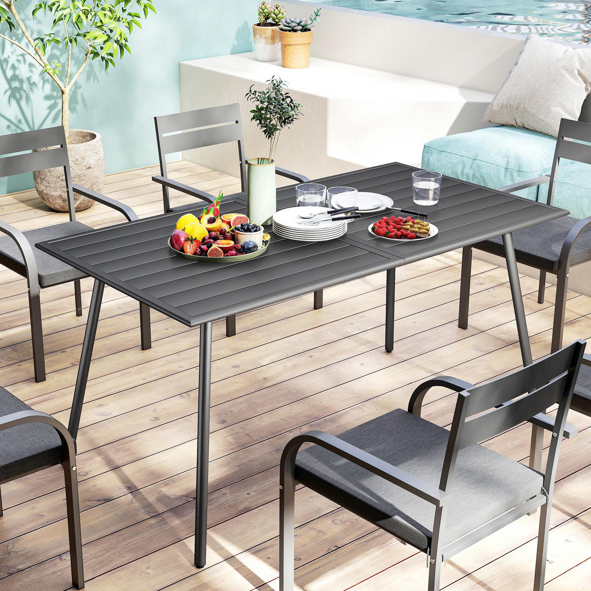 GARTENTISCH DE-14124 rechteckig 150x80 cm, mit Lattenrost Grau - Grau, Metall (150/80/74cm) - ComfortXL