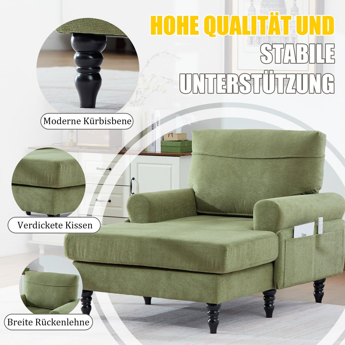 RELAXSESSEL Liege,hochdichte Polsterung,Seitentaschen,Chenille,Grün - Grün, Textil (97/86/125.5cm) - LVHOM
