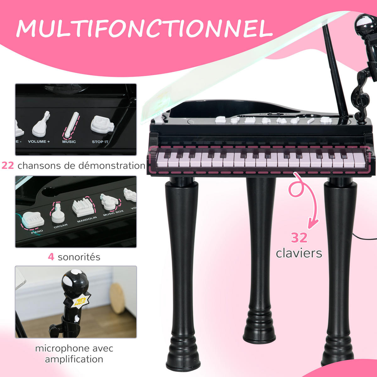 KINDERPIANO DE-18644 Schwarz - Schwarz, Kunststoff (30.5/60.4/37cm) - ComfortXL
