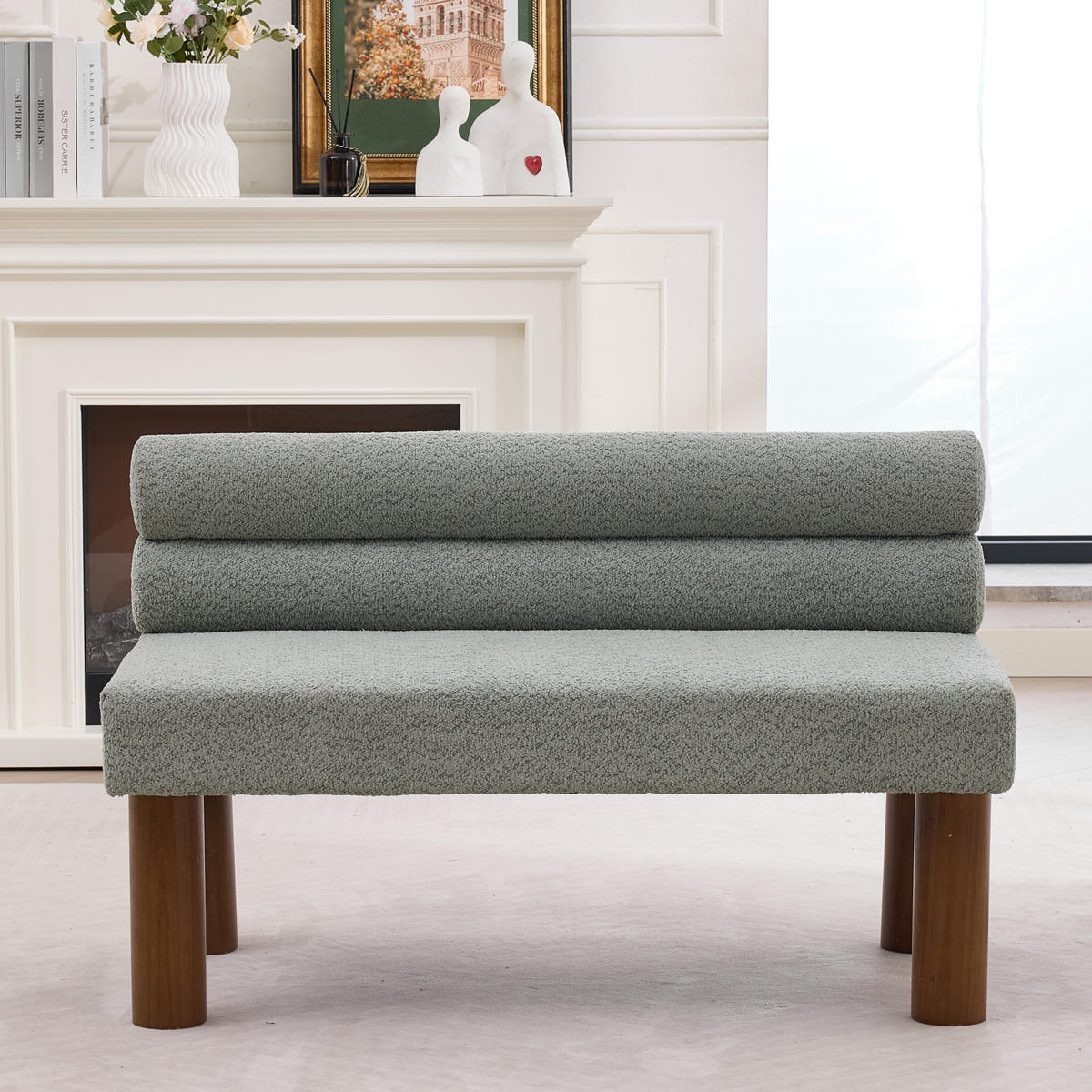 SITZBANK minimalistisch mit Bouclé-Bezug und Holzrahmen, DE-42315, Salbeigrün - Hellgrün, Holz (59/72/116cm) - ComfortXL