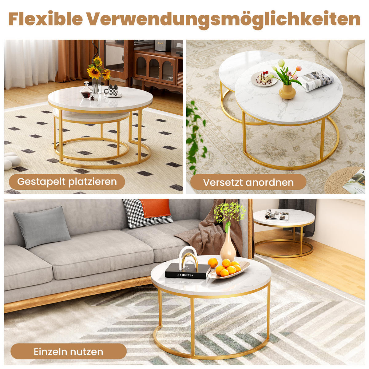 COUCHTISCH in Weiß/Goldfarben Hitzebeständiger Wohnzimmertisch mit Marmor-Optik Platte Sofatisch mit Metallgestell - Goldfarben/Weiß, Holzwerkstoff/Metall (80/80/45cm) - STILVORA