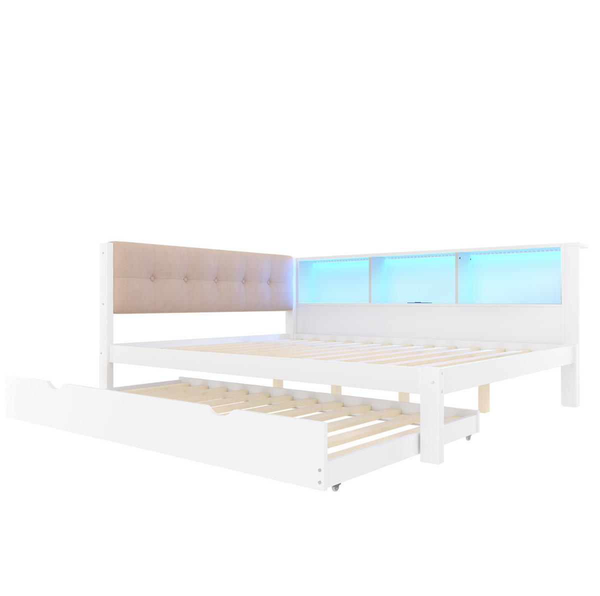 TAGESBETT 140/200 cm weiß aus Kiefernholz mit ausziehbarem Bett und dimmbarer LED-Beleuchtung - Weiß, Holz (140/200cm) - OKWISH