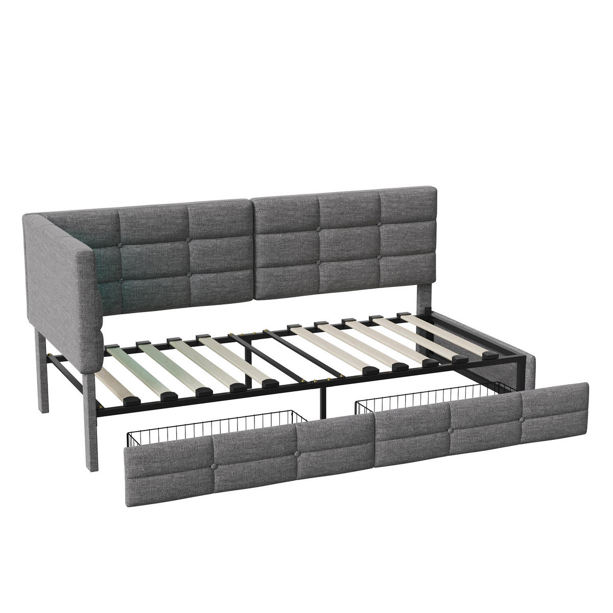 POLSTERBETT 90 x 200 cm, mit USB-Anschluss und LED-Beleuchtung, Einzelbett mit 2 Schubladen, Leinenbezug, grau - Grau, Holz (90/200cm) - WoodenAura
