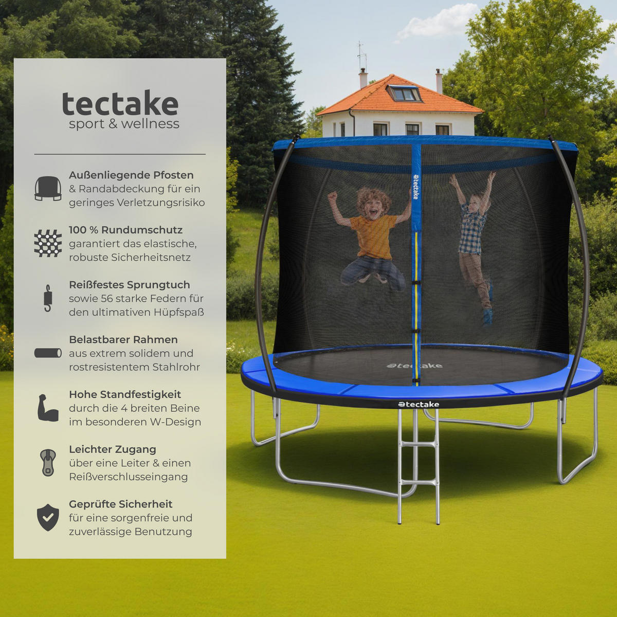 TRAMPOLIN Jumpy,inklusive Einstiegsleiter,schwarz/blau - Blau/Schwarz, Metall (322/265/322cm) - tectake