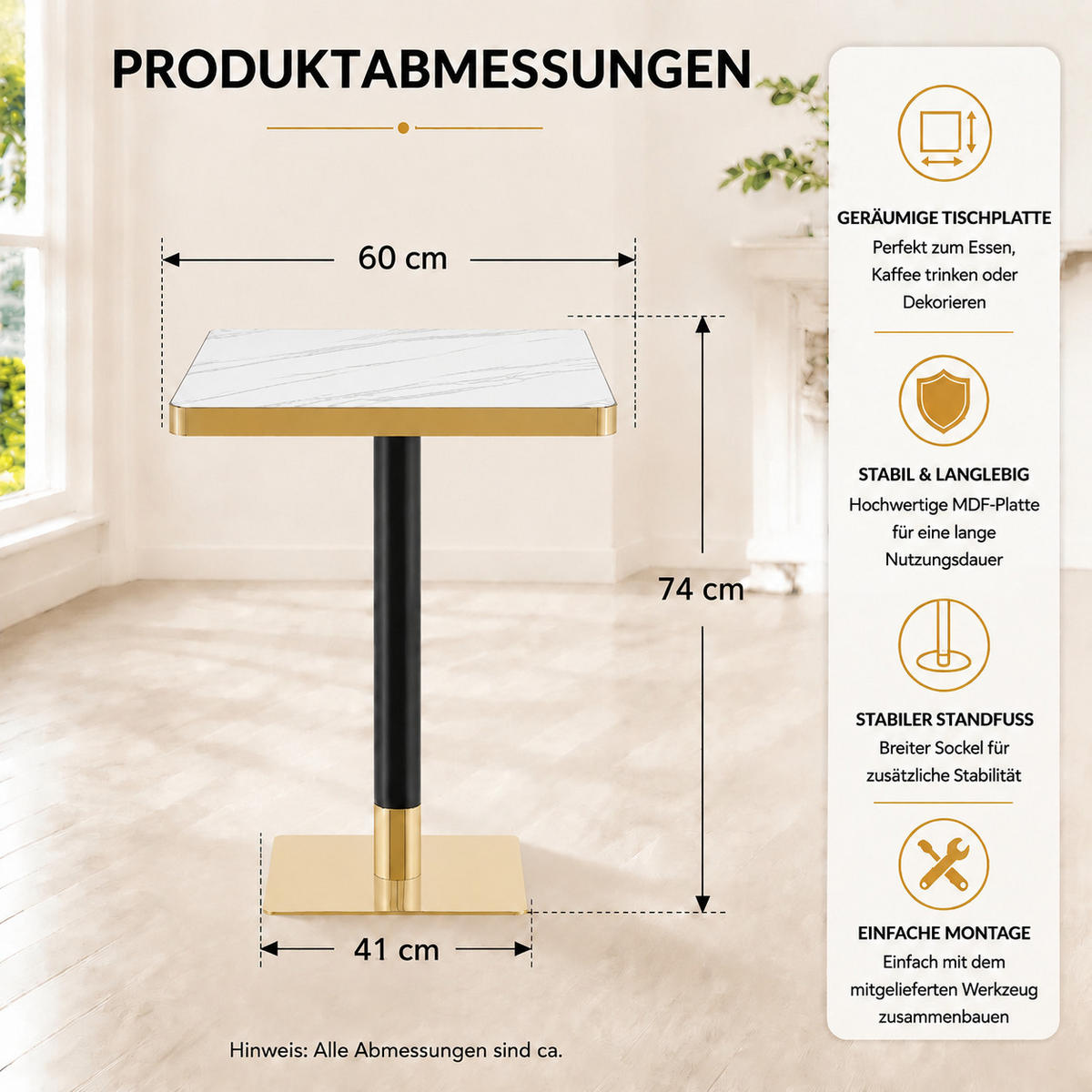 BARTISCH 60/60/74 cm mit Marmor-Optik DE-40022 Weiß - Weiß, Metall (60/60/74cm) - ComfortXL
