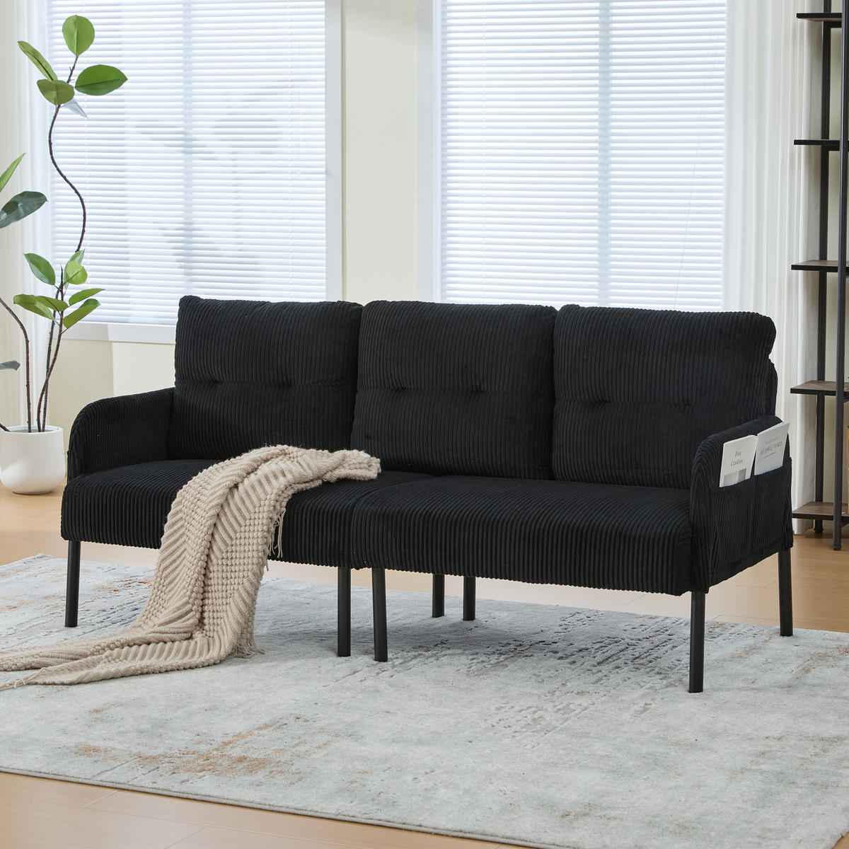 3-SITZER Sofa mit Seitentaschen, Metallgestell & Leinenstoff, 171cm, Schwarz - Schwarz, Textil/Metall (171/80/72cm) - LVHOM