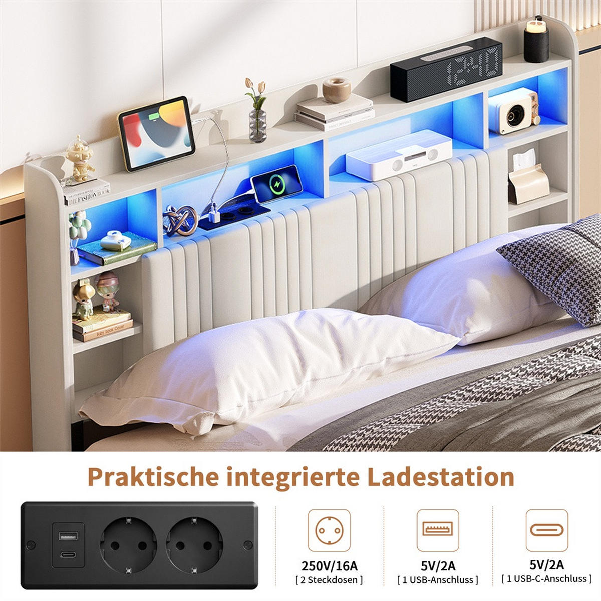 POLSTERBETT 140x200 cm mit LED-Beleuchtung - Kopfteil-Stauraum, Ladestation und hydraulischem Stauraum - Beige - Beige, Textil (140/200cm) - DELFA