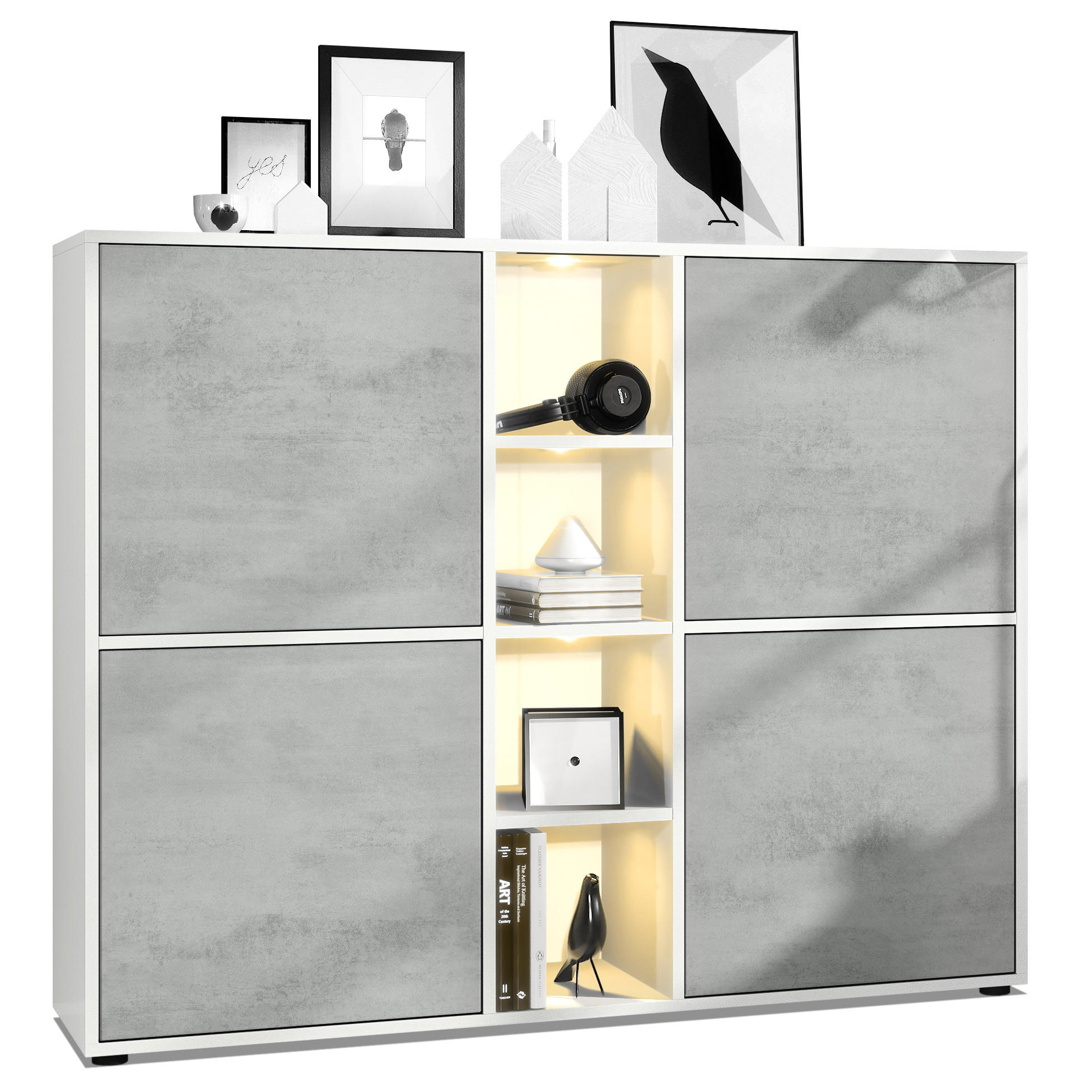 HIGHBOARD Cuba Türen in Beton Oxid Optik - Hellgrau, Holzwerkstoff (130.5/105.5/35.5cm) - Vladon