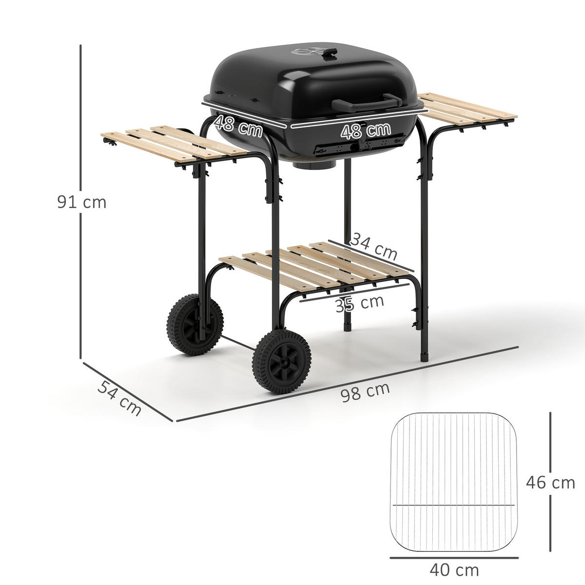 HOLZKOHLEGRILL Stahl Tannenholz Schwarz - Schwarz, Metall (54/91/98cm) - Outsunny