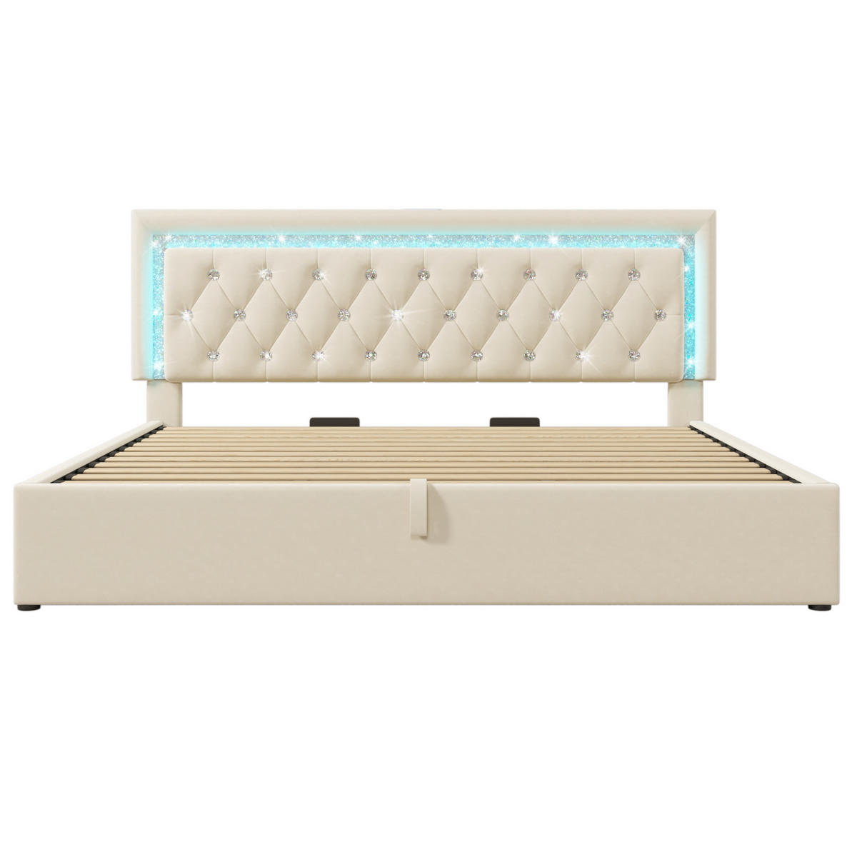 ČALÚNENÁ posteľ z velvetu 180x200 cm béžová s LED osvetlením, USB a USB-C, hydraulickým úložným priestorom - béžová, textil (180/200cm) - Modfu