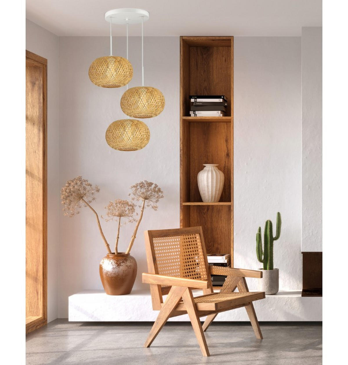 PENDELLEUCHTE BOHO - Beige/Weiß, Holz/Metall (48/48/100cm) - kiki design