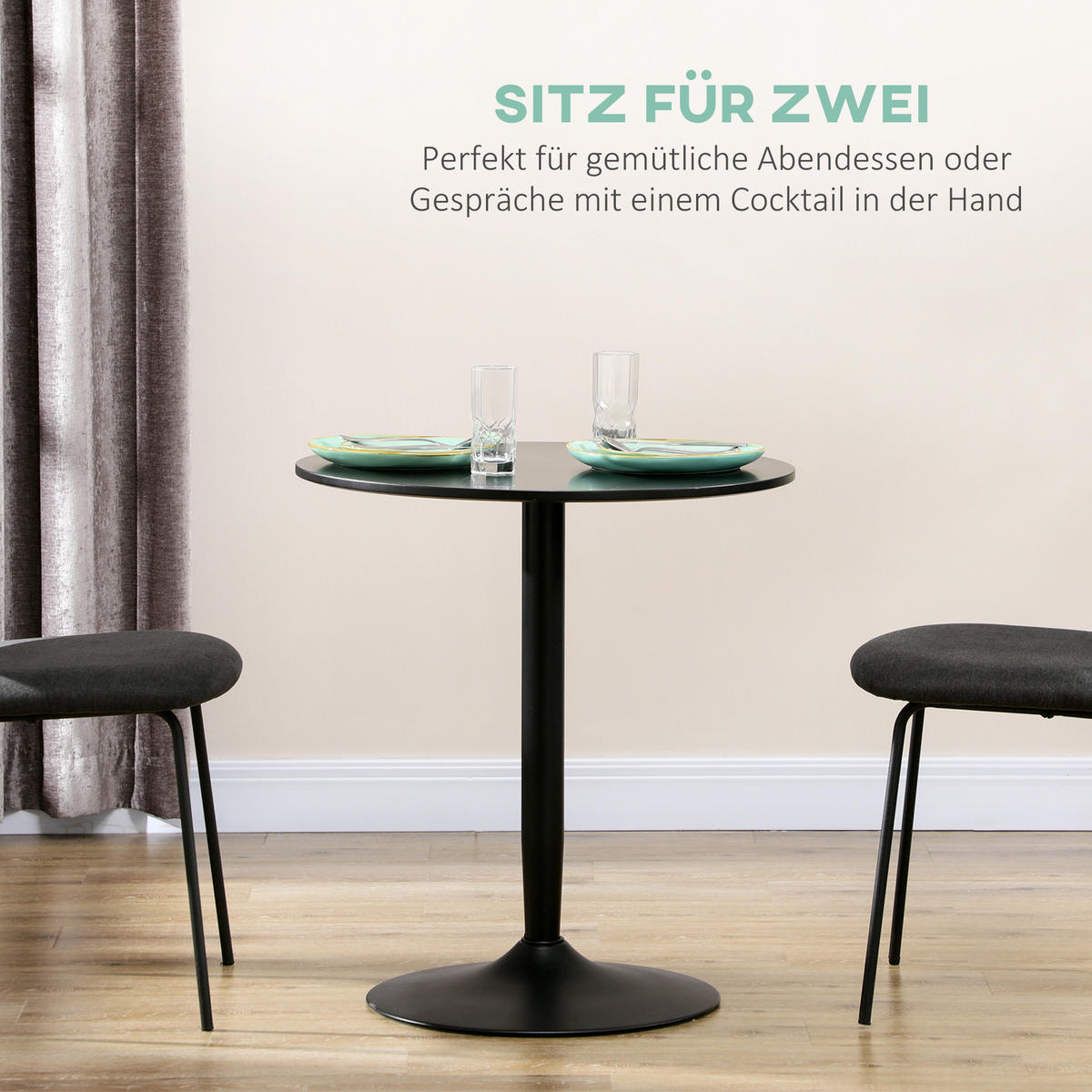 ESSTISCH Runder Küchentisch, Rutschfester Esszimmertisch für 2 Personen Schwarz - Schwarz, Holzwerkstoff/Metall (70/70/75cm) - HOMCOM