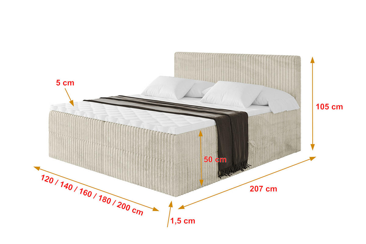 BOXBETT mit Matratze H3 und Lattenrost - TOLO - 160x200 Cord - Creme - Champagner, Holzwerkstoff/Kunststoff (160/200cm) - ALTDECOR