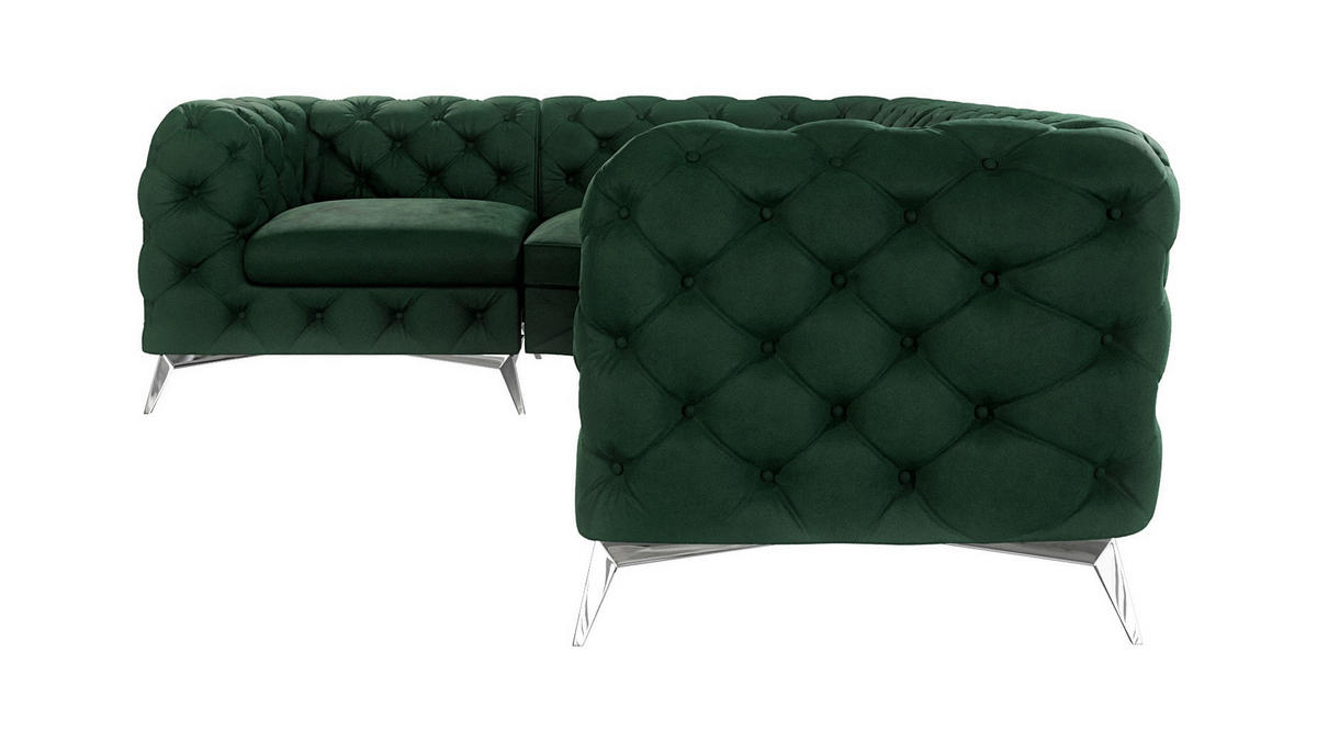 ECKSOFA Chesterfield Laura Flasche Grün Samt, Ottomane Links - Smaragdgrün/Silberfarben, Holz/Textil (264/204cm) - S-Style Möbel