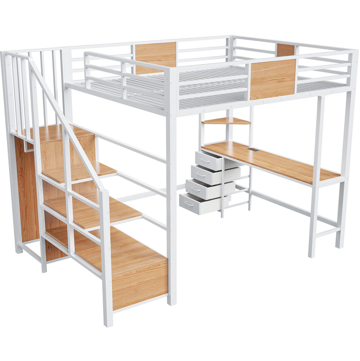 HOCHBETT 140/200 cm Weiß mit Schreibtisch, LED und Steckdose - Weiß, Metall (140/200cm) - MIVRAY