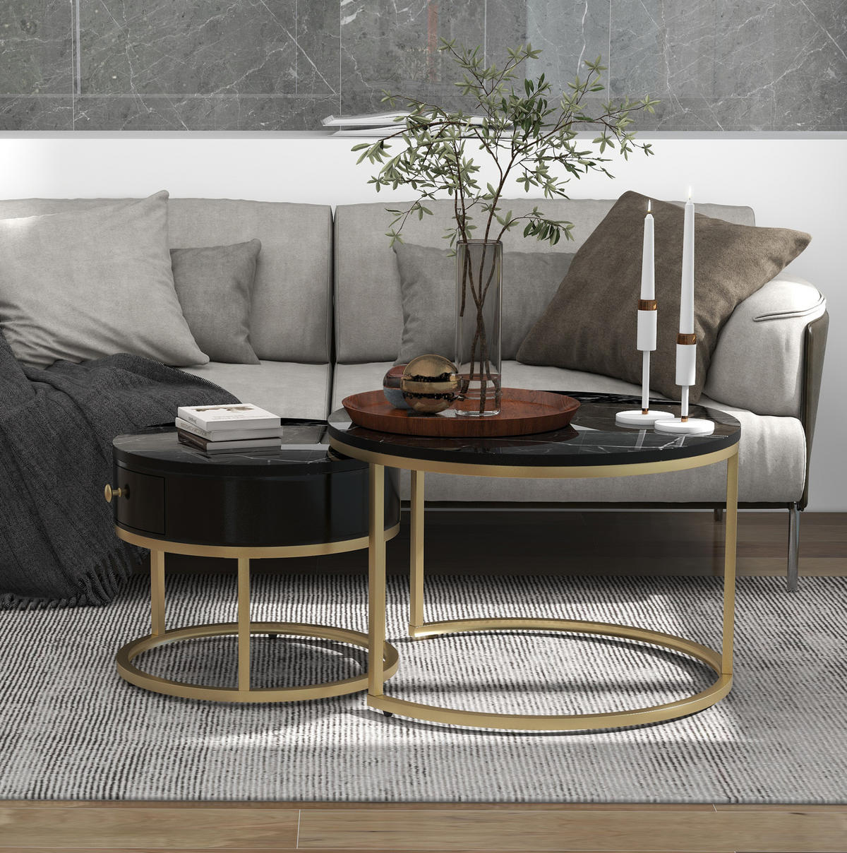 KLUBSKA miza, komplet 2 kosov, 70/70/48 in 50/50/43,5 cm, MDF črna z marmornim dekorjem - črna, leseni material (70/70/48cm) - BEAOK