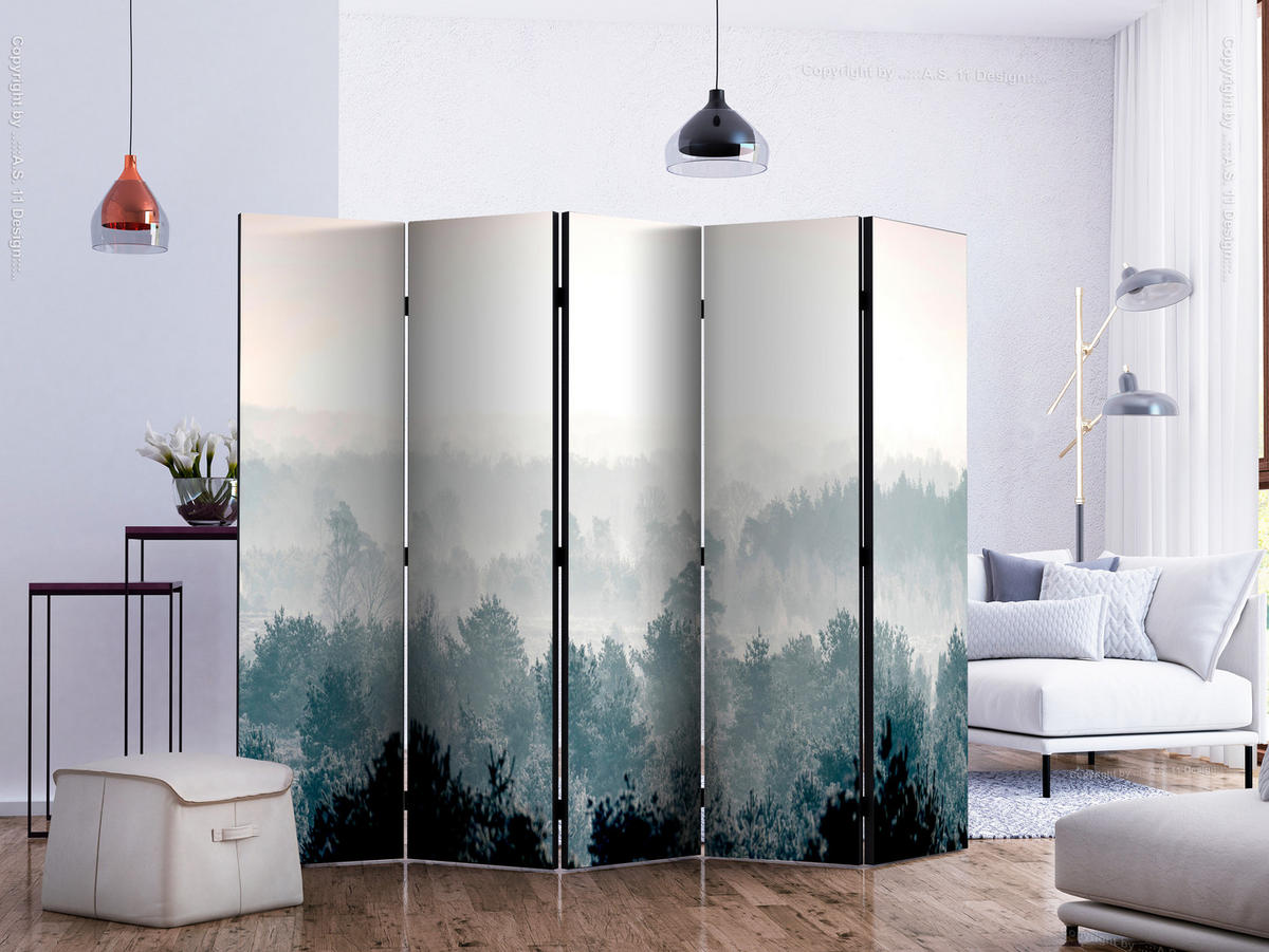PARAVÁN Obojstranný 5-dielny 225x172 cm Les a Zimná Krajina - sivá, drevo/textil (225/172/3cm) - Muralo