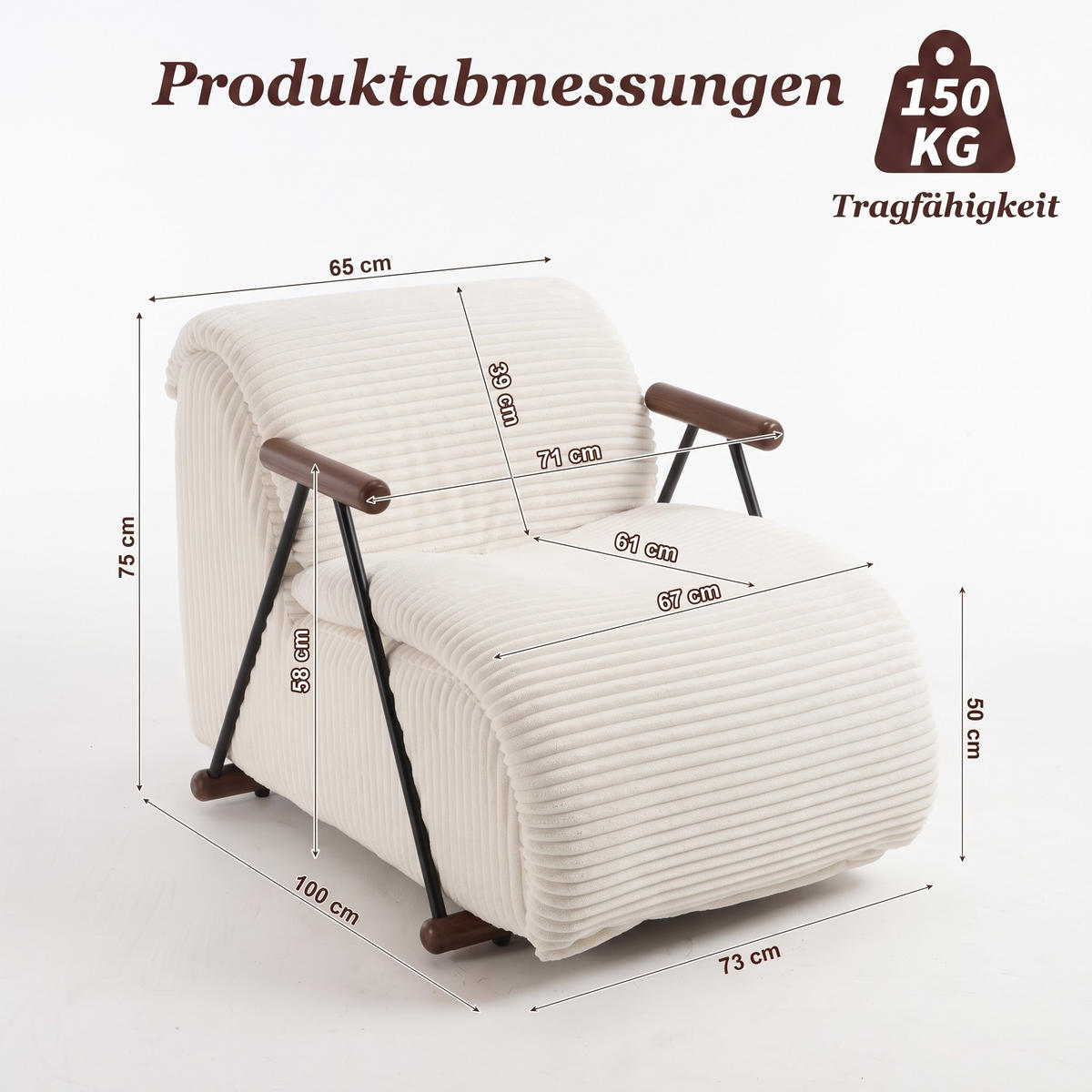 XXL-SESSEL mit Armlehnen, Cord Loungesessel, Ergonomisch, Beige - Beige, Textil/Metall (73/75/100cm) - LVHOM