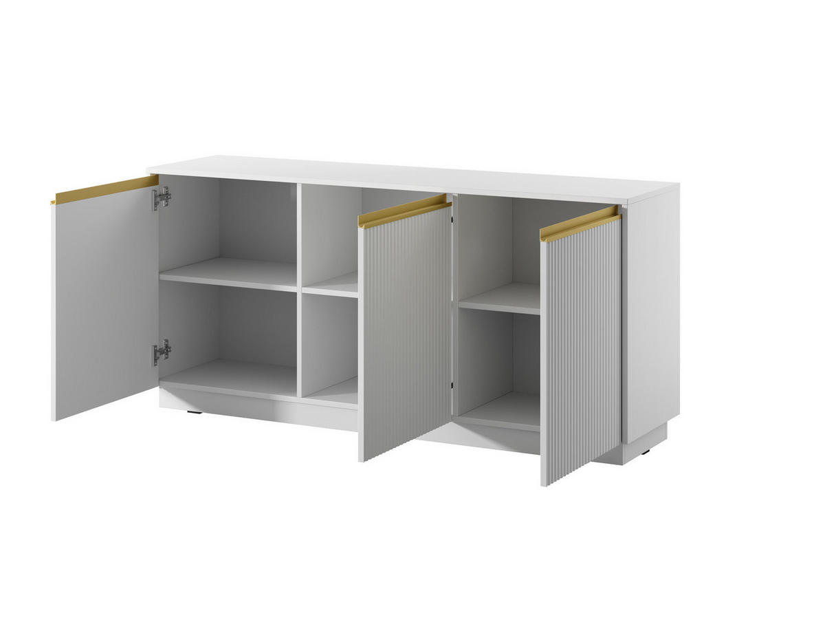 KOMMODE Loren 154 cm, dreitürig, weiß, mit geriffelten Fronten - Goldfarben/Weiß, Holzwerkstoff/Metall (154/72/39cm) - Ravio