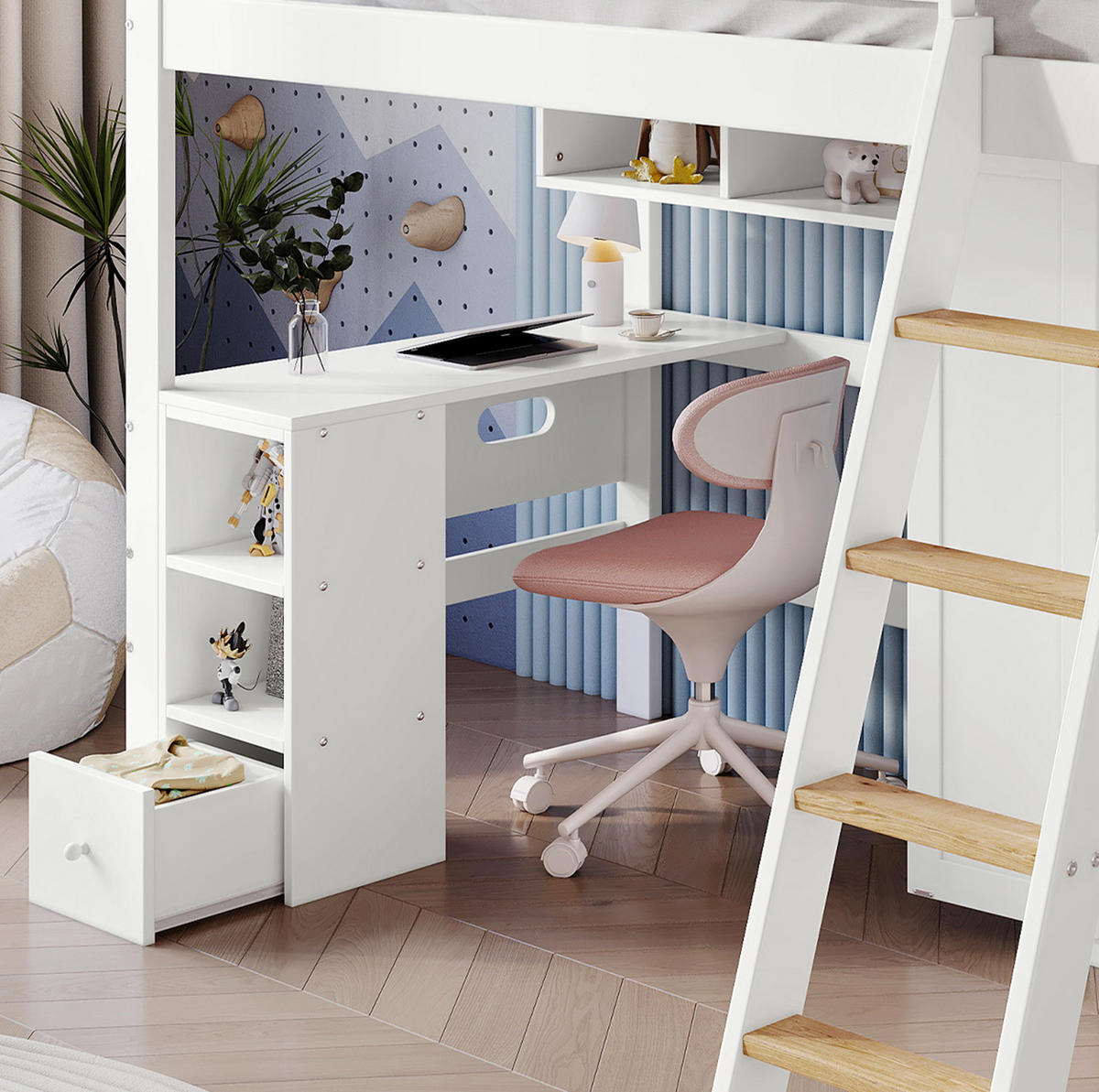 HOCHBETT 90/200 cm in Weiß/Natur mit Schreibtisch und Kleiderschrank - Weiß, Holz (90/200cm) - Flora Grace