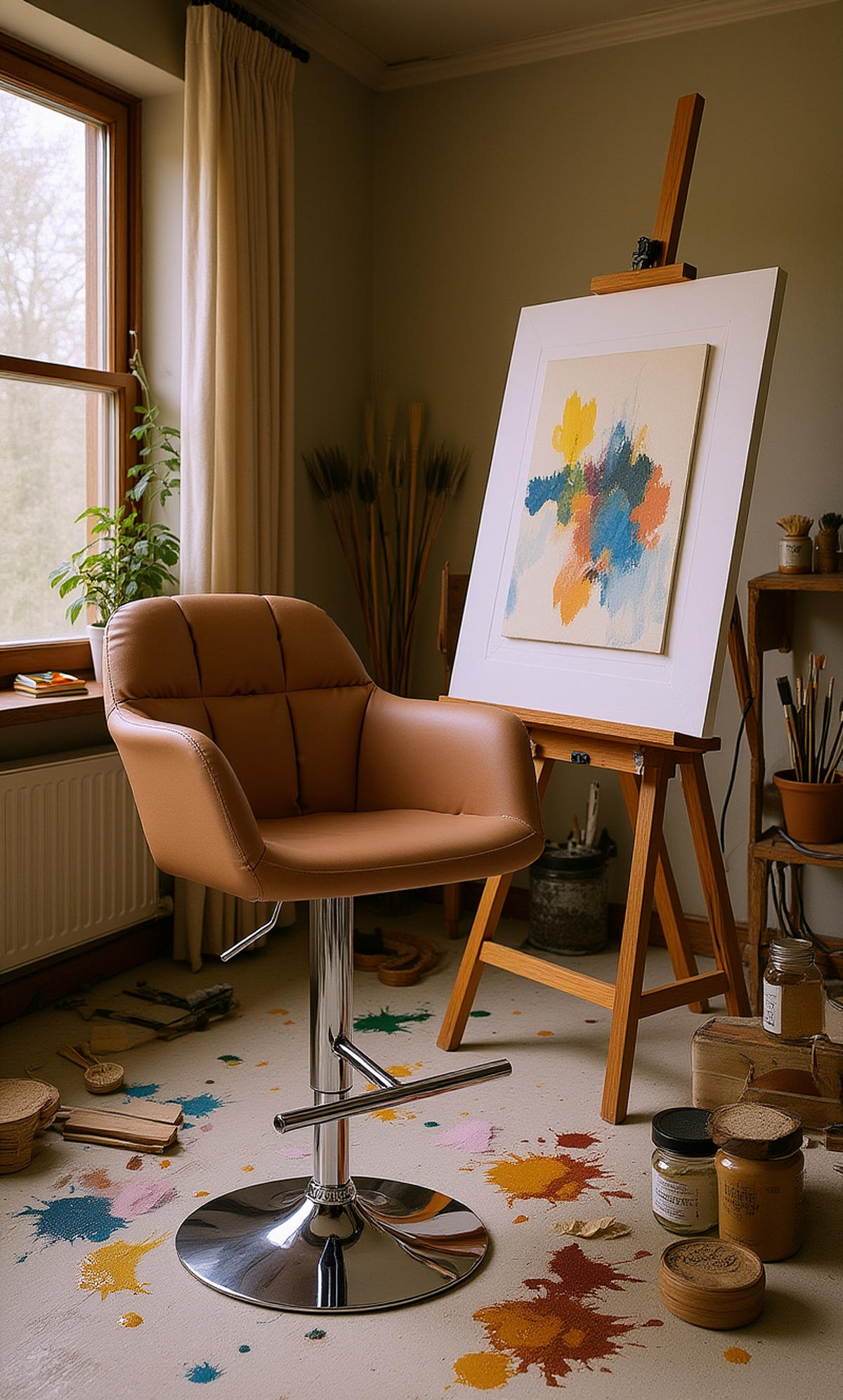 BARHOCKER Nardo Kunstleder chrom hellbraun - Chromfarben/Braun, Kunststoff/Metall (57/118/59cm) - TPFLiving