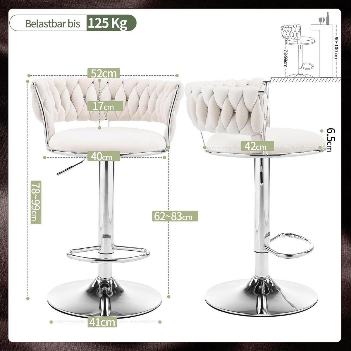 BARHOCKER 2er Set Samt Beigeweiß Höhenverstellbar - Weiß, Textil (48/78/51cm)