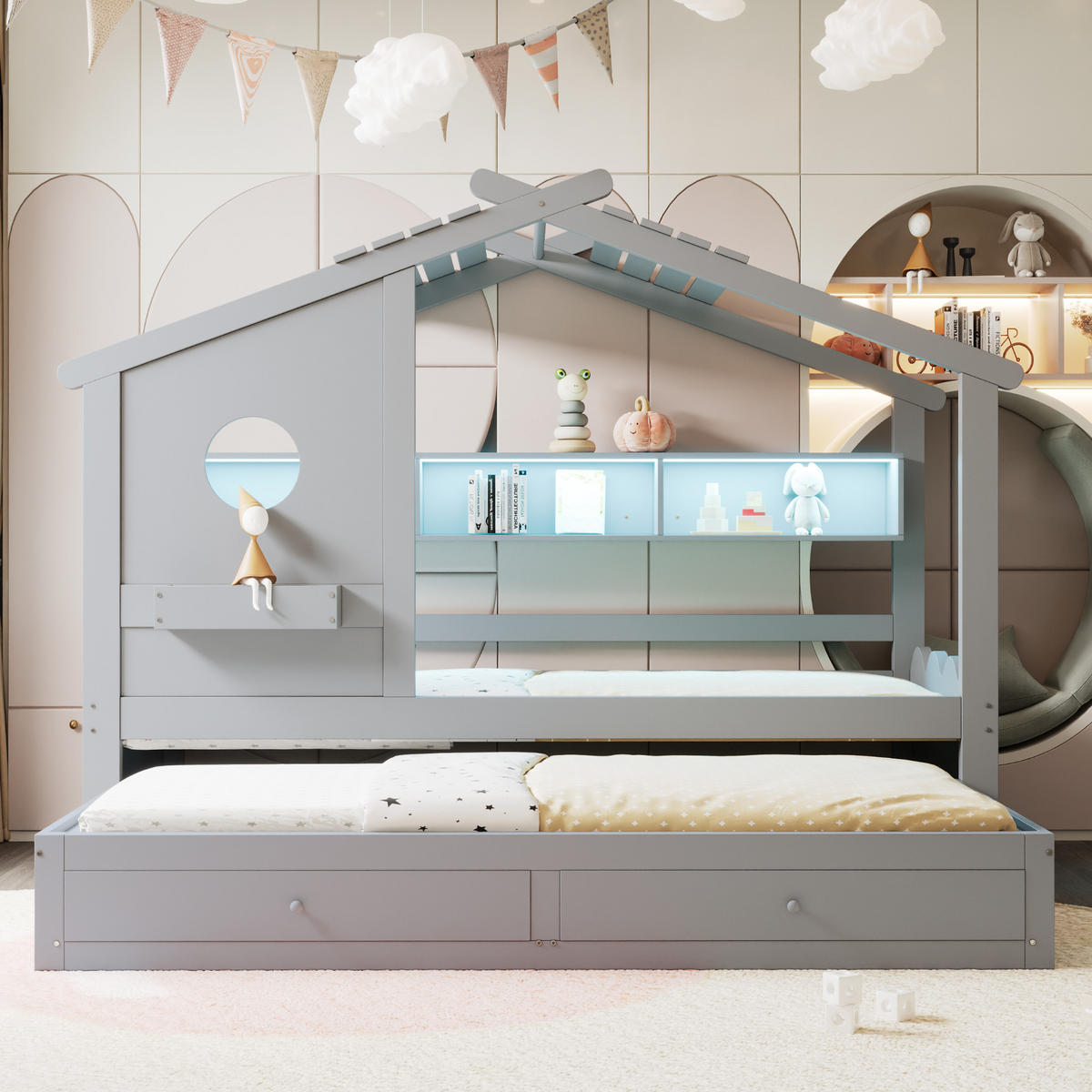 KINDERBETT 90x200 cm Rollbett LED grau - Grau, Holz (90/200cm) - LEBENLANG