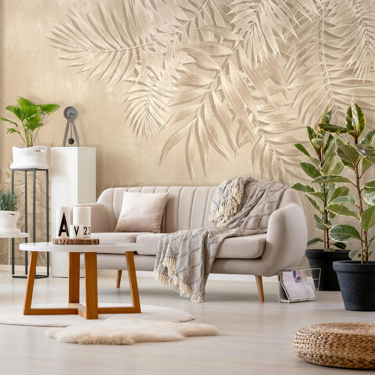 FOTOTAPETE Blätter Beton Beige 254x184 cm - Multicolor, Textil (254/184cm) - Wallarena