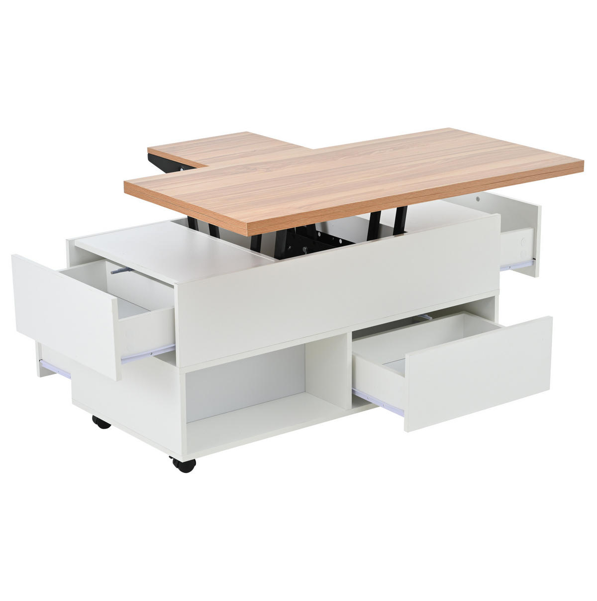 COUCHTISCH höhenverstellbar 100 x 50 cm Weiß/Holzfarbe mit 4 Schubladen - Weiß, Holzwerkstoff (100/50/52cm) - Meubliv