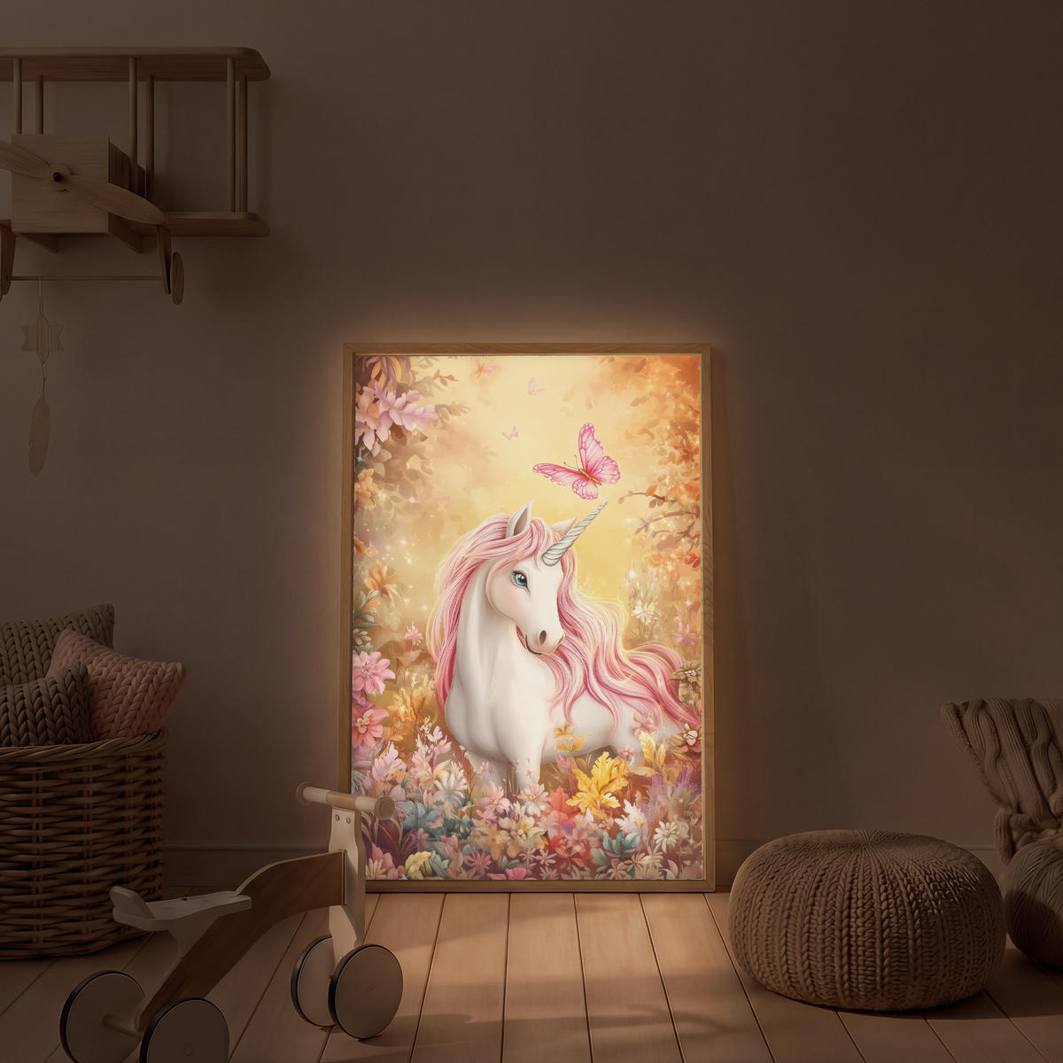 NÁSTĚNNÁ LAMPA S AKUMULÁTOREM Jednorožec - Květiny - Motýl - Růžová 70x100 cm - béžová, kompozitní dřevo (70/100/8cm) - OnlyWow
