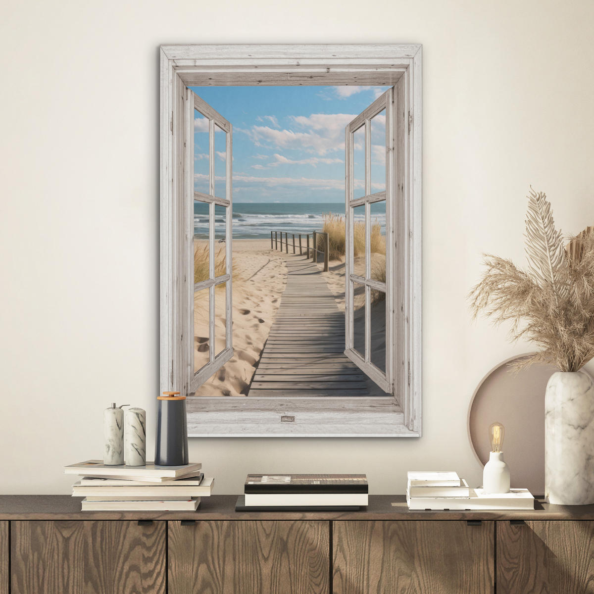 AKUSTIKBILD Fenster - Meer - Küste - Natur - Ausblick - Strand - Wattenmeer Kunstdruck Schlafzimmer 50x70 cm - Beige, Kunststoff (50/70/0.9cm) - MuchoWow