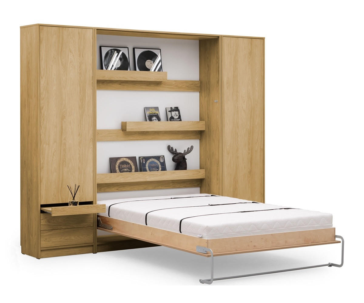 SCHRANKBETT Wandklappbett vetikal VB140x200 mit 2 Schränken - 3-tlg. - Eiche Sonoma - Eichefarben, Holzwerkstoff (140/200cm) - QMM TraumMöbel