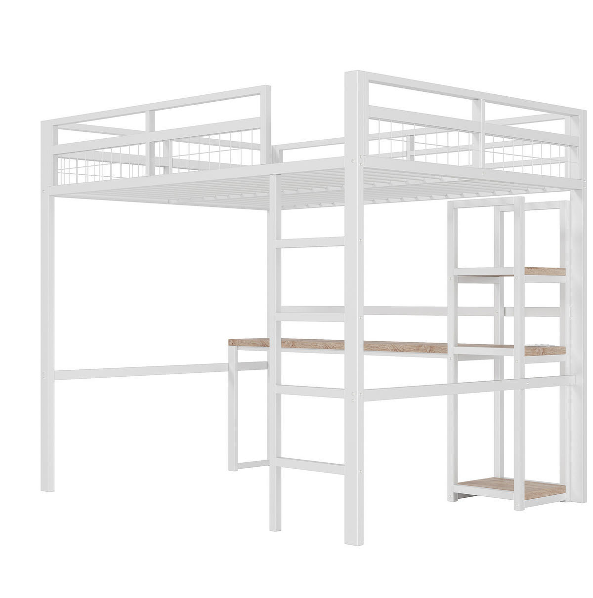 HOCHBETT 140/200 cm Weiß mit Schreibtisch, Regalen und USB- und Type-C-Anschlüssen - Weiß, Metall (140/200cm) - Flora Grace