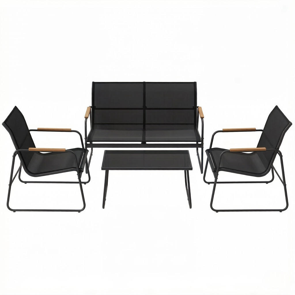 GARTENMÖBEL-SET Schwarz 4-teilig mit Glastisch & Armlehnen in Holzoptik - Schwarz, Metall - PANGIVO