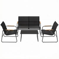 GARTENMÖBEL-SET Schwarz 4-teilig mit Glastisch & Armlehnen in Holzoptik - Schwarz, Metall - PANGIVO