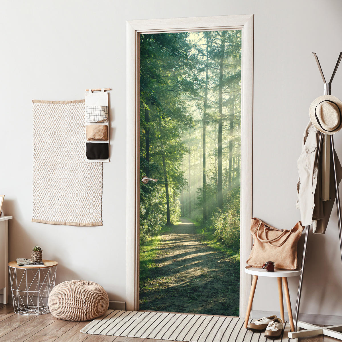 TÜRAUFKLEBER Wald - Weg - Sonne - Bäume - Grün - Natur Deko Wohnzimmer 95x235 cm - Türtapete - Waldgrün, Kunststoff (95/0.1cm) - MuchoWow