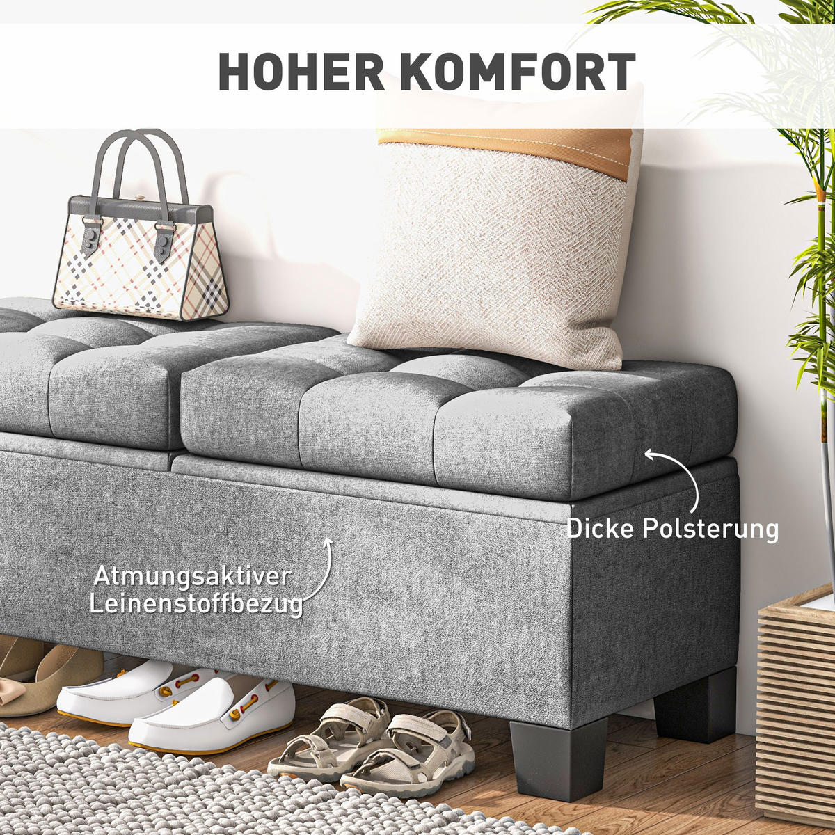 SITZBANK mit Stauraum, Polsterbank mit Leinenoptik Gepolsterte Aufbewahrungsbox - Schwarz/Grau, Holzwerkstoff/Textil (41/47/116cm) - HOMCOM