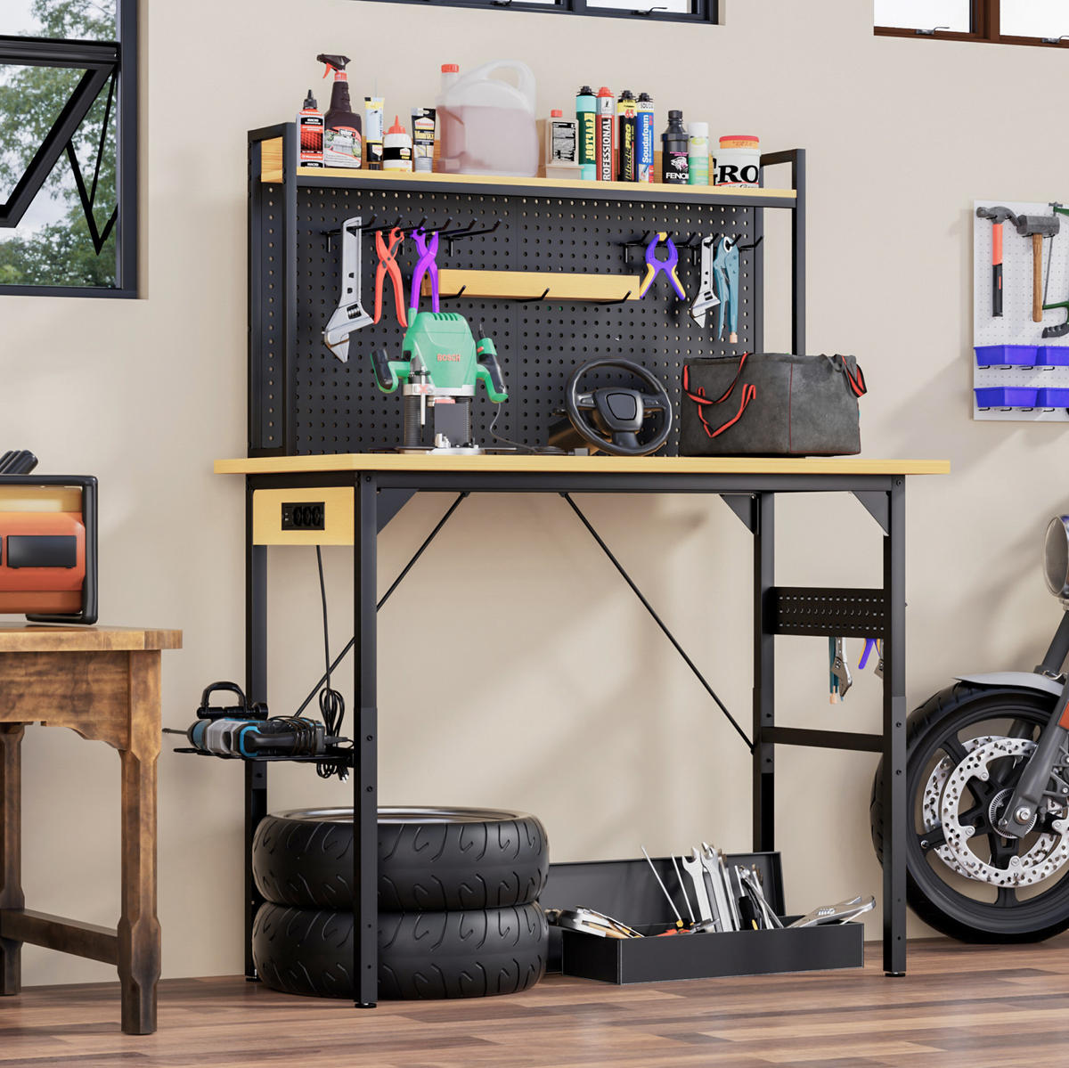 WERKBANK höhenverstellbar 120 x 60 cm Holzwerkstoff Schwarz/Natural - Schwarz, Holz (120/60/155.5cm) - Meubliv
