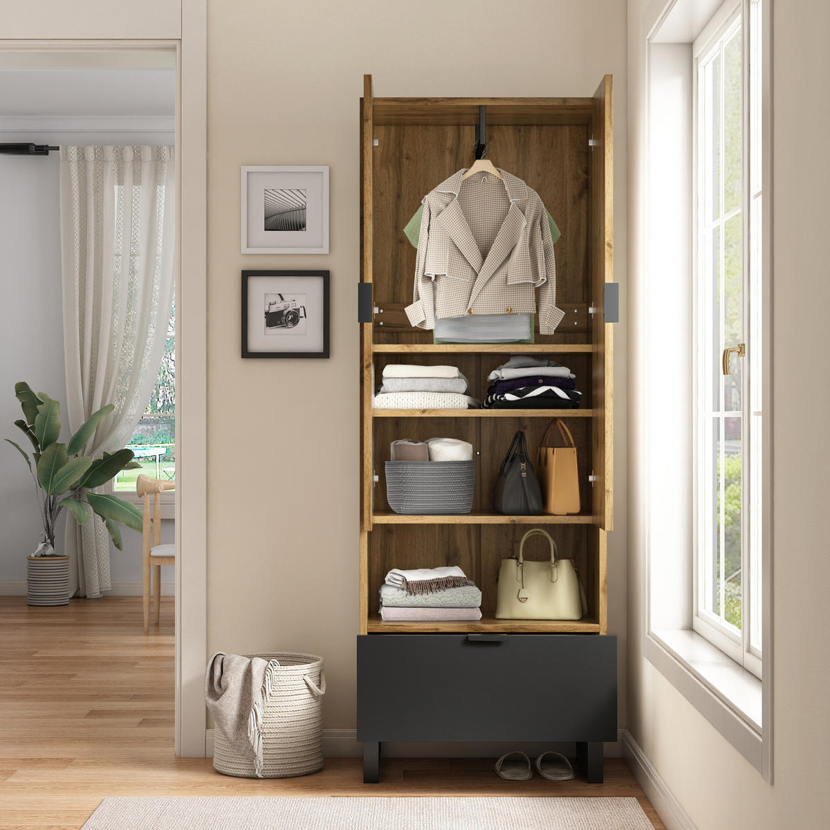 GARDEROBENSCHRANK mit Kleiderstange 180 x 65 x 38 cm Schwarz/Eiche - Braun, Holzwerkstoff (38/65/180cm) - Beauniv