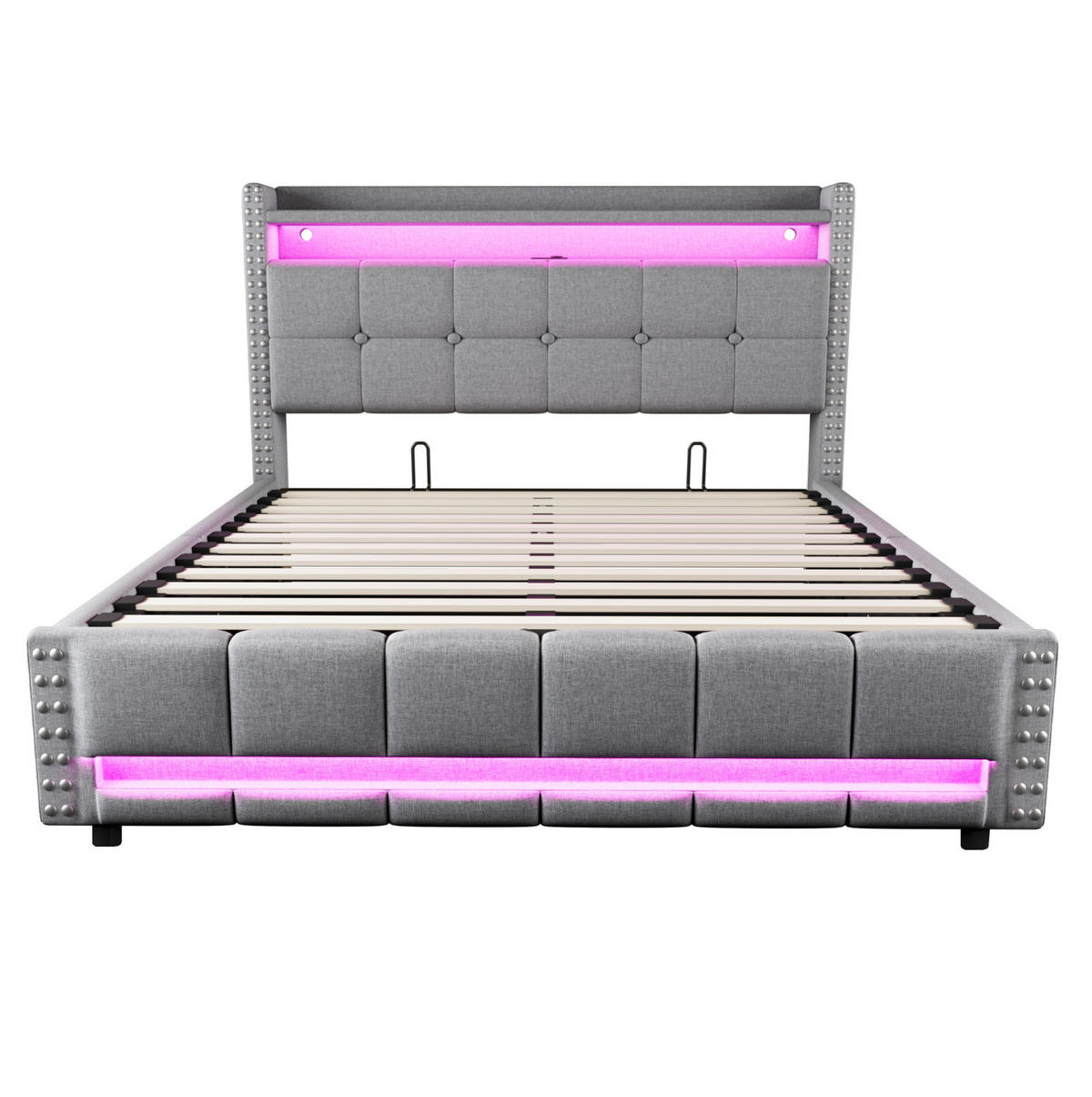 POLSTERBETT 160/200 cm mit LED-Beleuchtung, USB-Anschluss, Kopfteil mit Stauraum und hydraulischem Bettkasten, Hellgrau - Hellgrau, Textil (160/200cm) - Redom