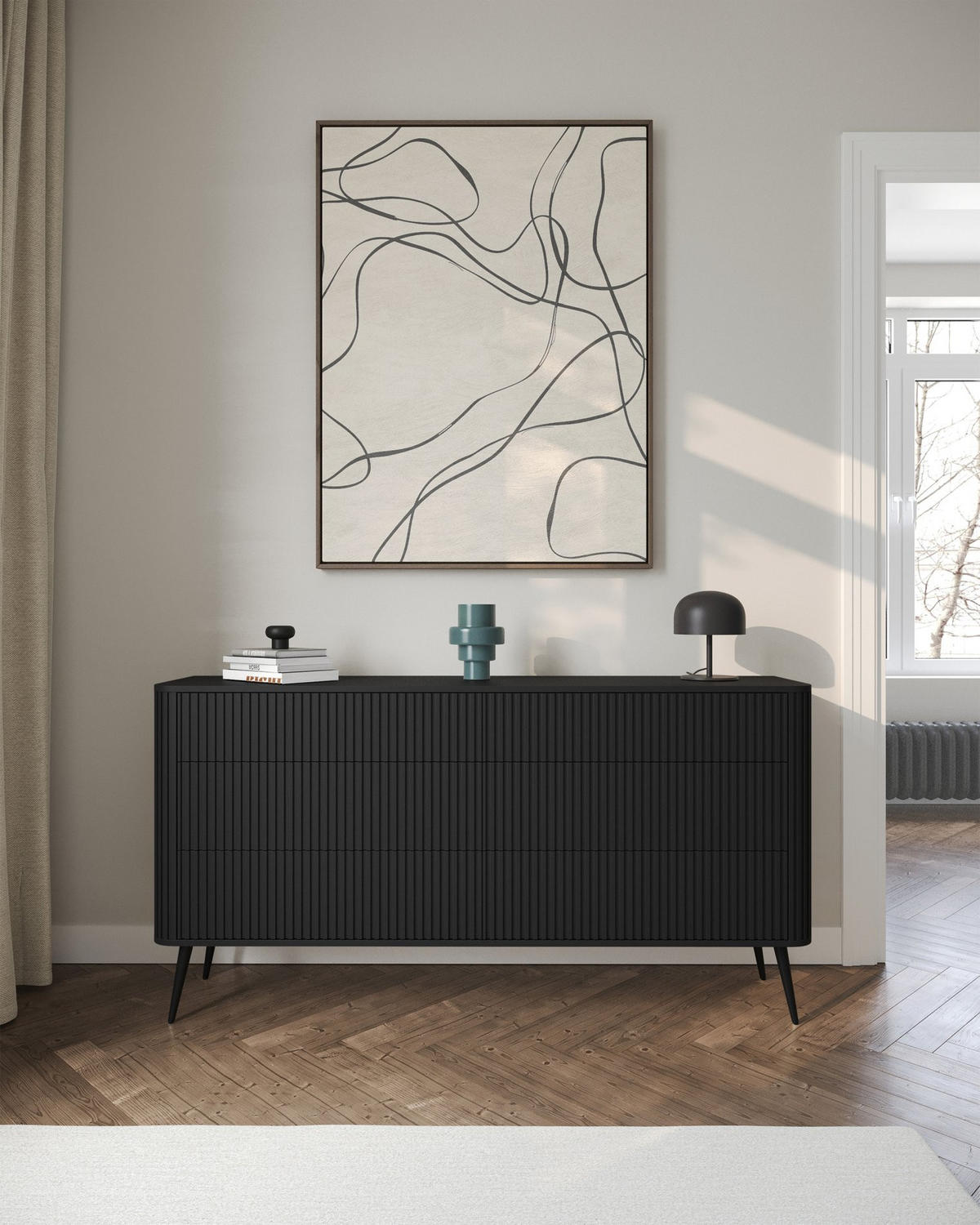 KOMMODE Ovarlo Schwarz mit Metallbeinen 168 cm - Schwarz, Holzwerkstoff/Metall (168/83.8/38cm) - Selsey