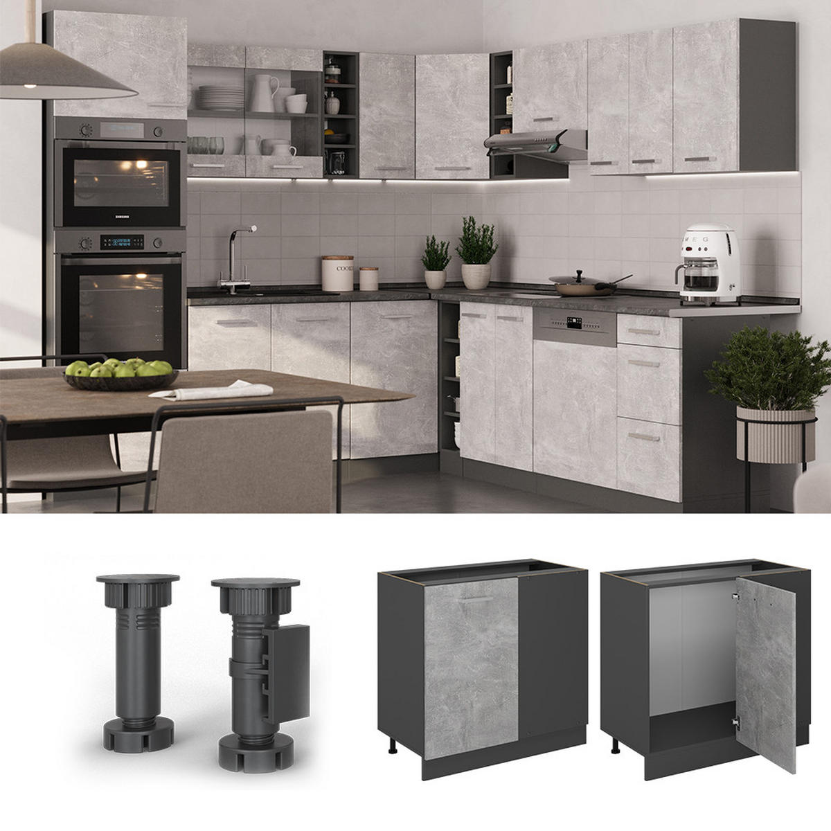 ECKUNTERSCHRANK R-Line Beton 86 cm , AP Anthrazit - Schieferfarben/Anthrazit, Holzwerkstoff (86/81.6/60cm) - Vicco