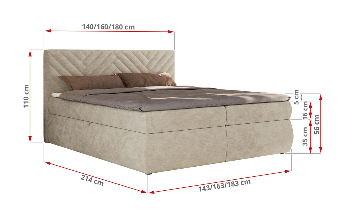 BOXBETT AVERTA 160/200 - Beige Schenille glatt - H3 - Beige, Textil (160/200cm) - MKS