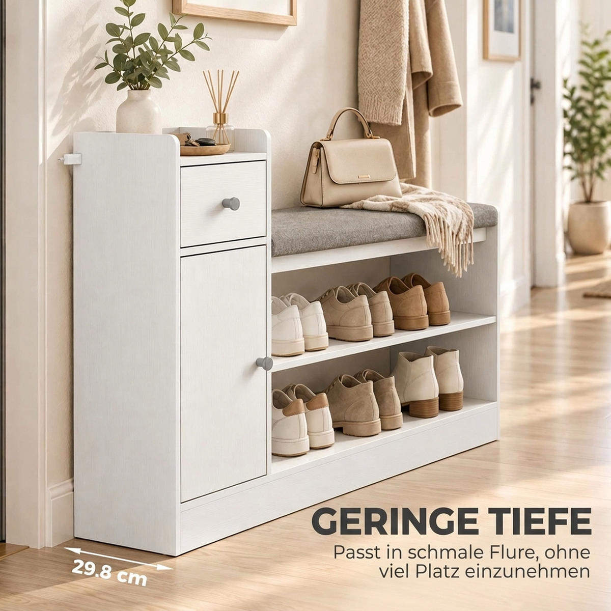 SCHUHBANK Polyester Spanplatte Weiß - Weiß/Grau, Holzwerkstoff/Textil (29.8/67.8/90cm) - HOMCOM