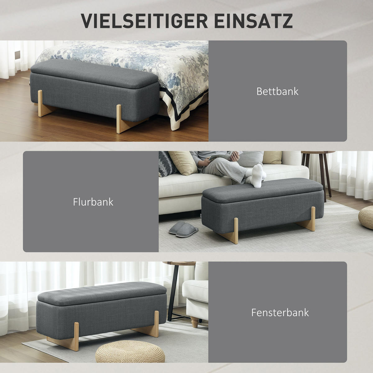 TRUHENBANK DE-07162 Leinenimitat, Kautschukholzbeine, Dunkelgrau - Dunkelgrau, Holz/Textil (44/44.5/111cm) - ComfortXL