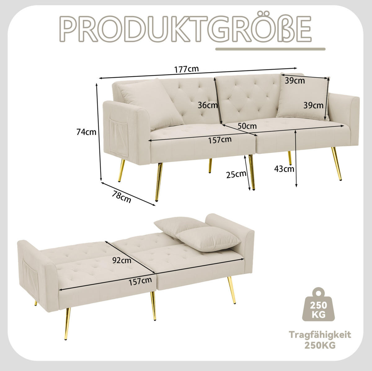 SOFA mit verstellbarer Rückenlehne 2-Sitzer Beige Samt - Beige, Holzwerkstoff (177/74/78cm) - Meubliv