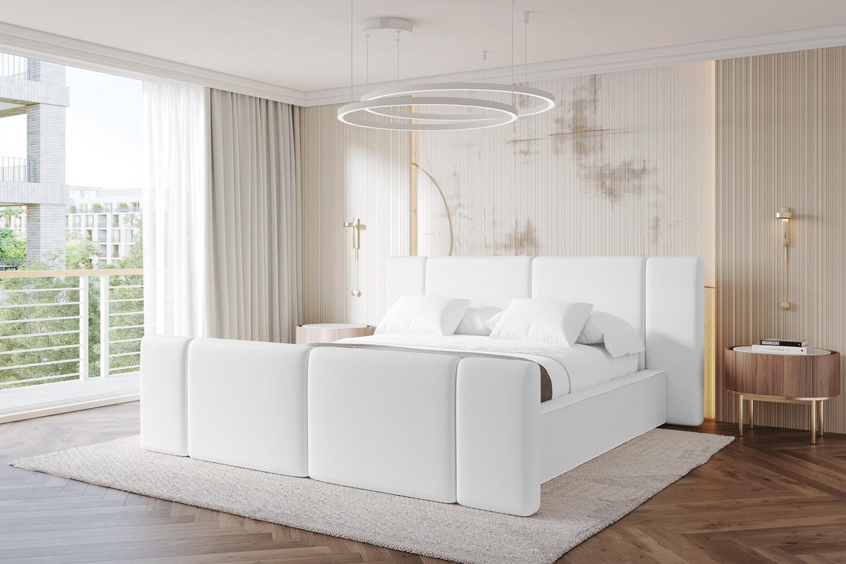 POLSTERBETT mit Bettkasten, Fußteil und Lattenrost, Boxbett ohne Matratze - RIVO-Z 160x200 Weiß - Weiß Hochglanz, Holzwerkstoff/Textil (160/200cm) - ALTDECOR