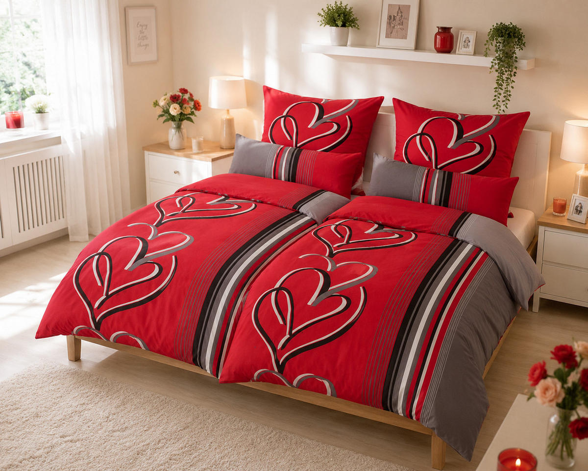 BETTWÄSCHE Herzen Rot/Grau 135x200 cm 2-teilig 40x80 cm - Multicolor, Naturmaterialien (155/200cm) - Nesbel – Beauty & Ambiente