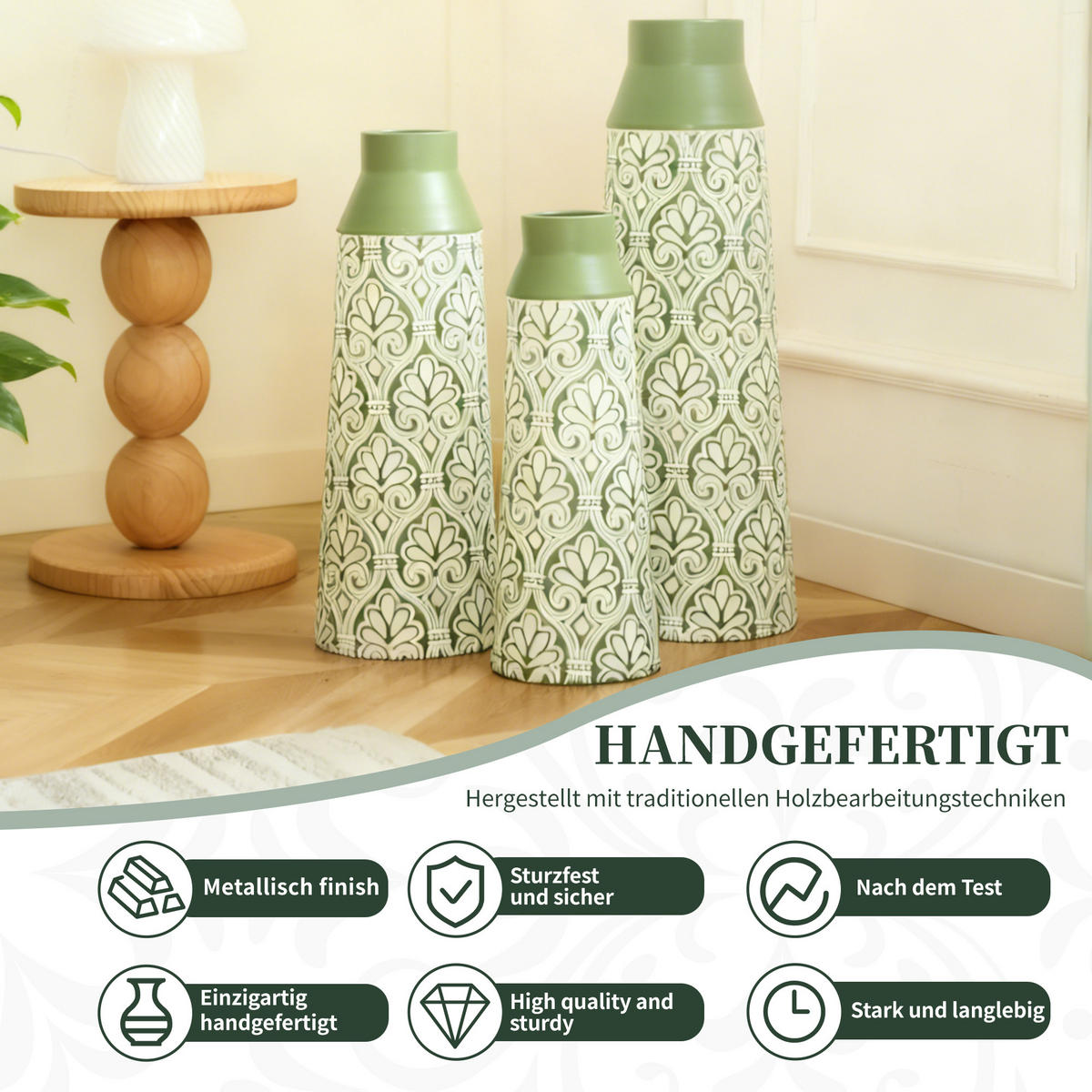 BODENVASE 3-tlg 61,5/51/43,5cm-Grüne Retro Metall Bodenvase für Trockenblumen Pampasgras - Grün, Metall (66.15cm) - Raelunyi