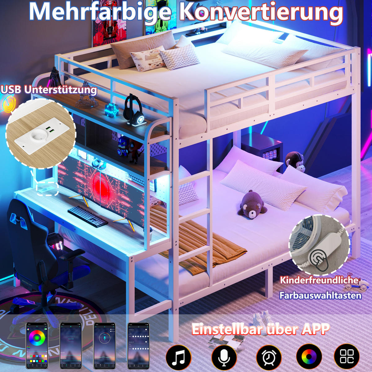 ETAGENBETT 140x200cm Weiß Metall LED-Licht Schreibtisch USB - Weiß, Metall (140/200cm) - FLIEKS